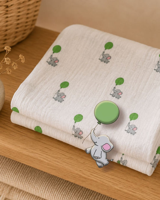 Tiny Trees bamboo cotton muslin with elephant and balloon print