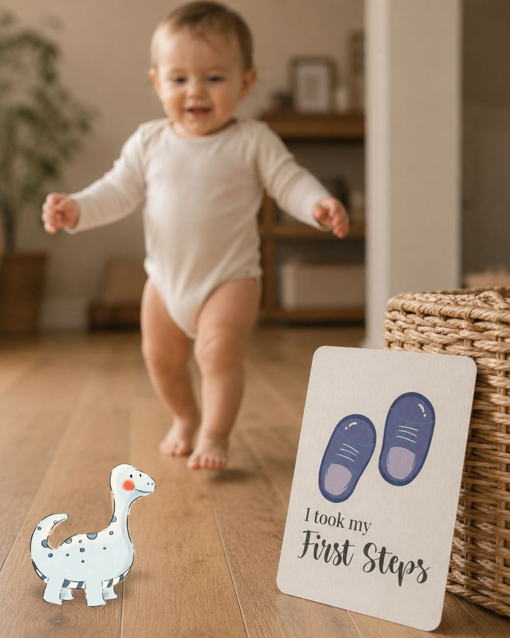 Baby taking first steps with Tiny Trees milestone card